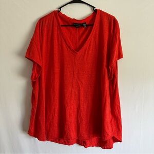 Tahari 100% Linen Top Sz 3X Red V Neck Short Sleeve Rounded Hem Tunic